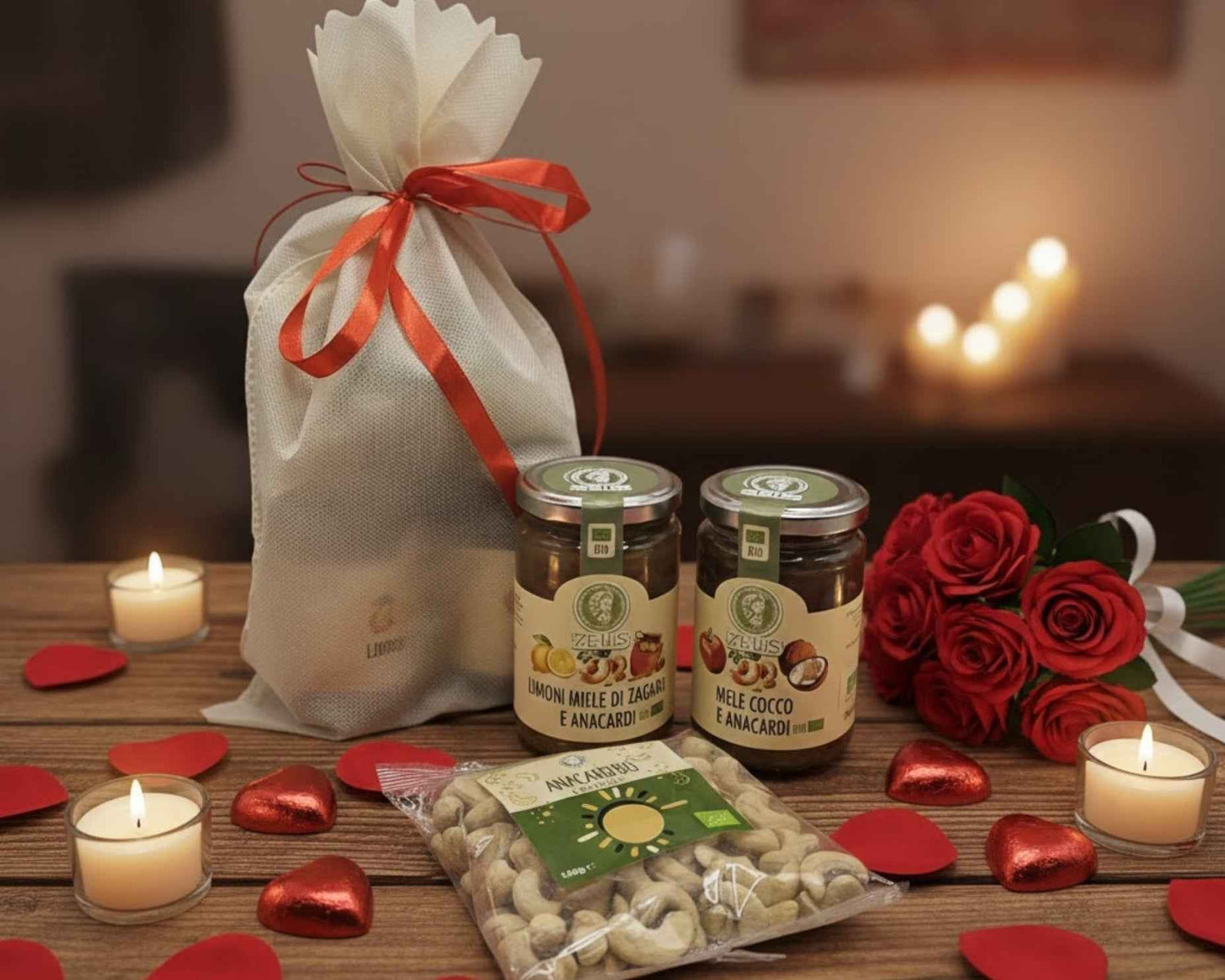 Confezione San Valentino Anacardi, Confettura di Limoni Miele e Confettura di Mele Cocco